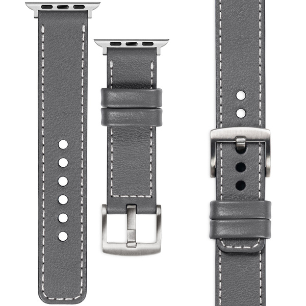 moVear Prestige C1 20mm Grau Lederarmband für Apple Watch 10 / 9 / 8 / 7 / 6 / 5 / 4 / SE (46/45/44mm) & Ultra (49mm) | Grau Nähte [Größen XS-XXL und Schnalle zur Auswahl]