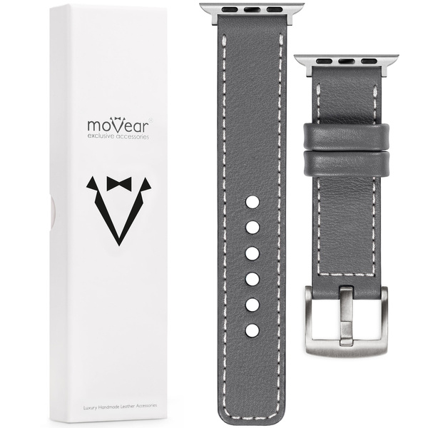 moVear Prestige C1 20mm Grau Lederarmband für Apple Watch 10 / 9 / 8 / 7 / 6 / 5 / 4 / SE (46/45/44mm) & Ultra (49mm) | Grau Nähte [Größen XS-XXL und Schnalle zur Auswahl]