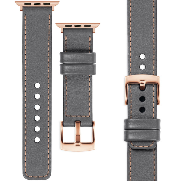 moVear Prestige C1 20mm Grau Lederarmband für Apple Watch 10 / 9 / 8 / 7 / 6 / 5 / 4 / SE (46/45/44mm) & Ultra (49mm) | Grau Nähte [Größen XS-XXL und Schnalle zur Auswahl]