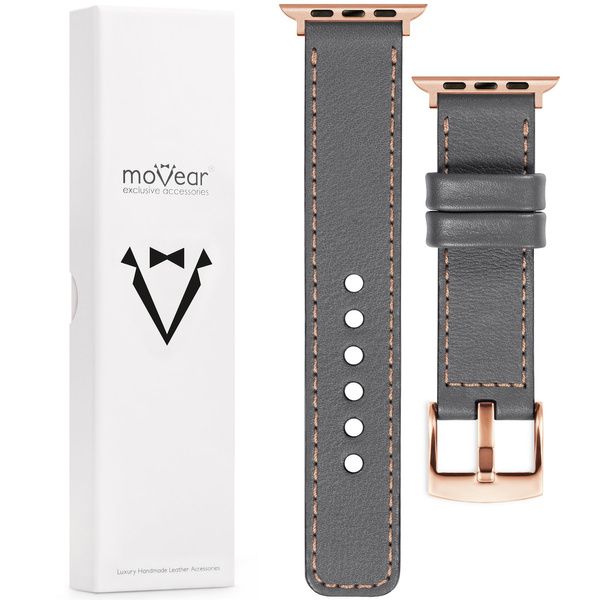 moVear Prestige C1 20mm Grau Lederarmband für Apple Watch 10 / 9 / 8 / 7 / 6 / 5 / 4 / SE (46/45/44mm) & Ultra (49mm) | Grau Nähte [Größen XS-XXL und Schnalle zur Auswahl]