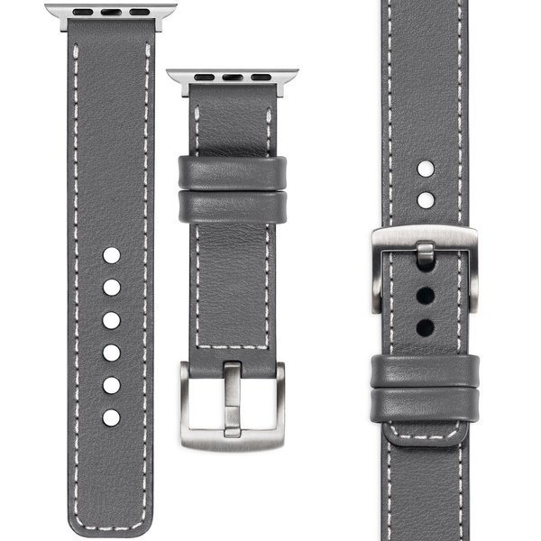 moVear Prestige C1 20mm Grau Lederarmband für Apple Watch 9 / 8 / 7 / 6 / 5 / 4 / SE (41/40mm) | Grau Nähte [Größen XS-XXL und Schnalle zur Auswahl]