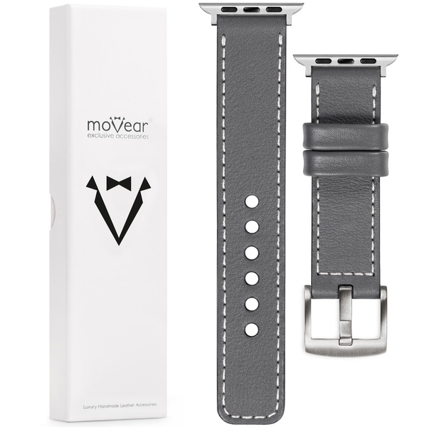 moVear Prestige C1 20mm Grau Lederarmband für Apple Watch 9 / 8 / 7 / 6 / 5 / 4 / SE (41/40mm) | Grau Nähte [Größen XS-XXL und Schnalle zur Auswahl]