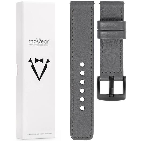 moVear Prestige C1 20mm Grau Lederarmband für Huawei Watch GT 3 2 1 / Pro (43/42mm) | Grau Nähte [Größen XS-XXL und Schnalle zur Auswahl]