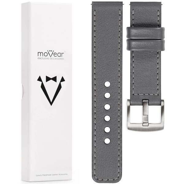 moVear Prestige C1 20mm Grau Lederarmband für Huawei Watch GT 3 2 1 / Pro (43/42mm) | Grau Nähte [Größen XS-XXL und Schnalle zur Auswahl]