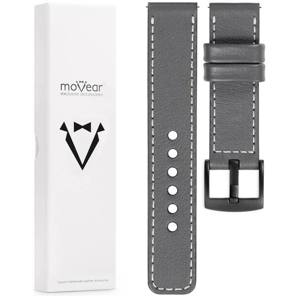 moVear Prestige C1 20mm Grau Lederarmband für Samsung Galaxy Watch 7 / 6 / 5 / 4 / 3 & Pro / FE / Classic / Active | Grau Nähte [Größen XS-XXL und Schnalle zur Auswahl]