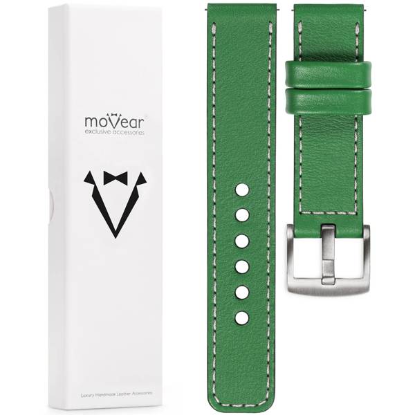moVear Prestige C1 20mm Grün Lederarmband für Garmin Vivoactive 5/3, Vivomove 3, Venu 2 | Grün Nähte [Größen XS-XXL und Schnalle zur Auswahl]