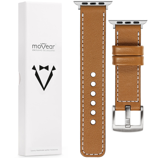 moVear Prestige C1 20mm Hellbraun Lederarmband für Apple Watch 10 / 9 / 8 / 7 / 6 / 5 / 4 / SE (46/45/44mm) & Ultra (49mm) | Hellbraun Nähte [Größen XS-XXL und Schnalle zur Auswahl]