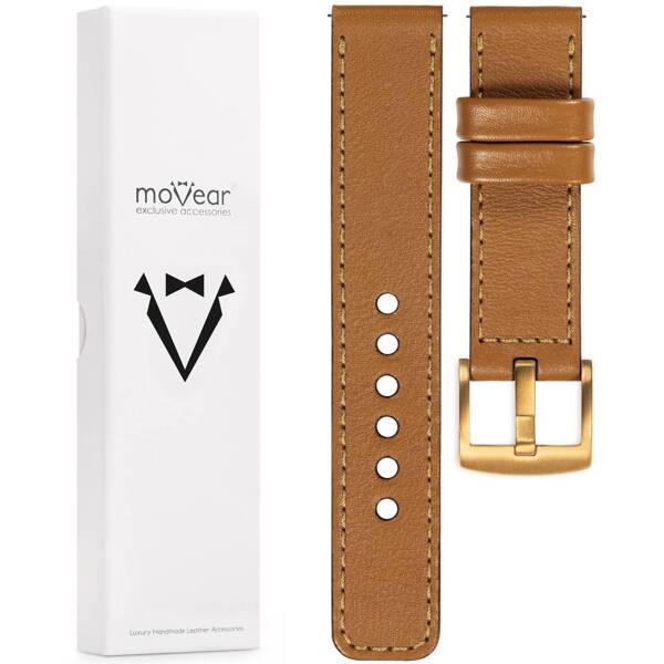 moVear Prestige C1 20mm Hellbraun Lederarmband für Samsung Galaxy Watch 7 / 6 / 5 / 4 / 3 & Pro / FE / Classic / Active | Hellbraun Nähte [Größen XS-XXL und Schnalle zur Auswahl]