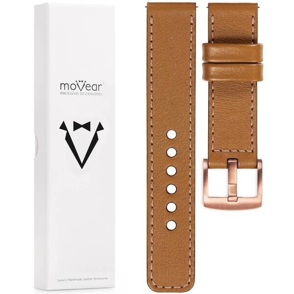 moVear Prestige C1 20mm Hellbraun Lederarmband für Samsung Galaxy Watch 7 / 6 / 5 / 4 / 3 & Pro / FE / Classic / Active | Hellbraun Nähte [Größen XS-XXL und Schnalle zur Auswahl]