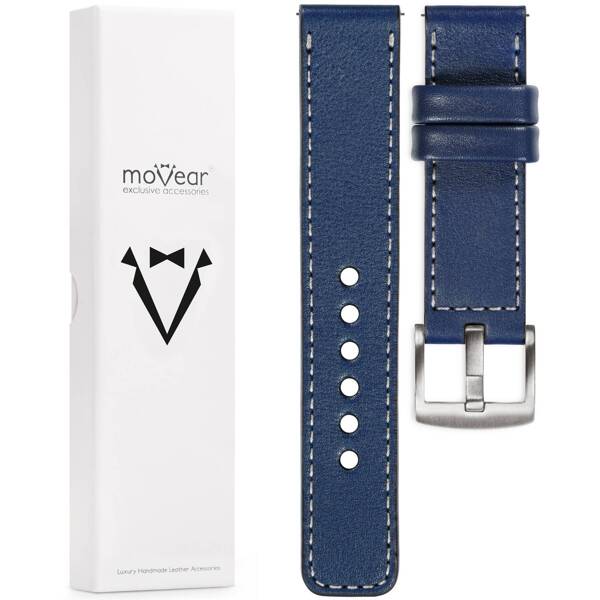 moVear Prestige C1 20mm Navy blau Lederarmband für Huawei Watch GT 3 2 1 (42mm) / GT 3 Pro (43mm) | Navy blau Nähte [Größen XS-XXL und Schnalle zur Auswahl]