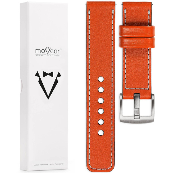 moVear Prestige C1 20mm Orange Lederarmband für Garmin Vivoactive 5/3, Vivomove 3, Venu 2 | Orange Nähte [Größen XS-XXL und Schnalle zur Auswahl]