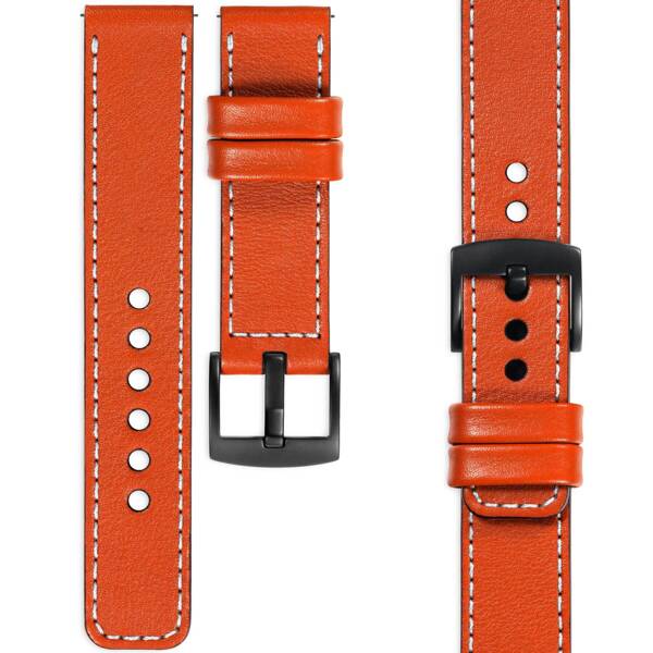 moVear Prestige C1 20mm Orange Lederarmband für Huawei Watch GT 3 2 1 (42mm) / GT 3 Pro (43mm) | Orange Nähte [Größen XS-XXL und Schnalle zur Auswahl]
