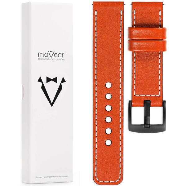 moVear Prestige C1 20mm Orange Lederarmband für Huawei Watch GT 3 2 1 (42mm) / GT 3 Pro (43mm) | Orange Nähte [Größen XS-XXL und Schnalle zur Auswahl]