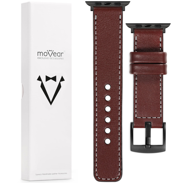 moVear Prestige C1 20mm Rotbraun Lederarmband für Apple Watch 10 / 9 / 8 / 7 / 6 / 5 / 4 / SE (46/45/44mm) & Ultra (49mm) | Rotbraun Nähte [Größen XS-XXL und Schnalle zur Auswahl]