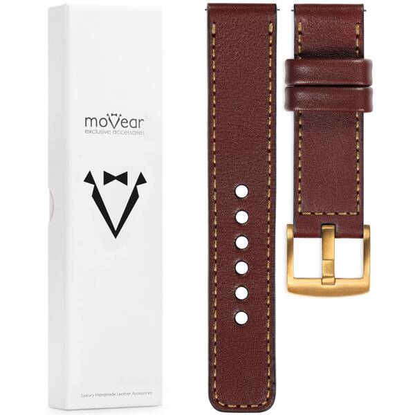 moVear Prestige C1 20mm Rotbraun Lederarmband für Samsung Galaxy Watch 7 / 6 / 5 / 4 / 3 & Pro / FE / Classic / Active | Rotbraun Nähte [Größen XS-XXL und Schnalle zur Auswahl]