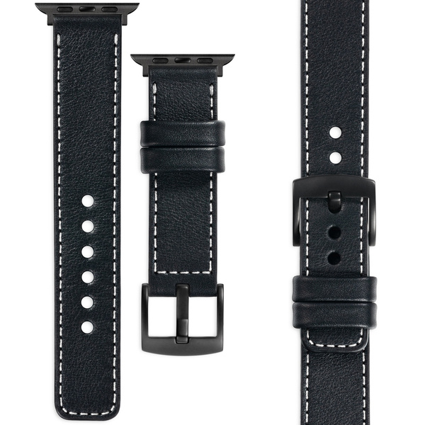 moVear Prestige C1 20mm Schwarz Lederarmband für Apple Watch 10 / 9 / 8 / 7 / 6 / 5 / 4 / SE (46/45/44mm) & Ultra (49mm) | Schwarz Nähte [Größen XS-XXL und Schnalle zur Auswahl]