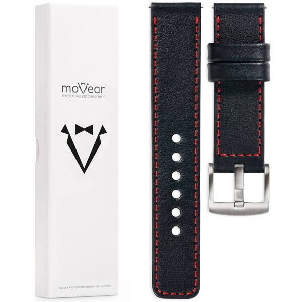moVear Prestige C1 20mm Schwarz Lederarmband für Huawei Watch GT 3 2 1 (42mm) / GT 3 Pro (43mm) | Schwarz Nähte [Größen XS-XXL und Schnalle zur Auswahl]