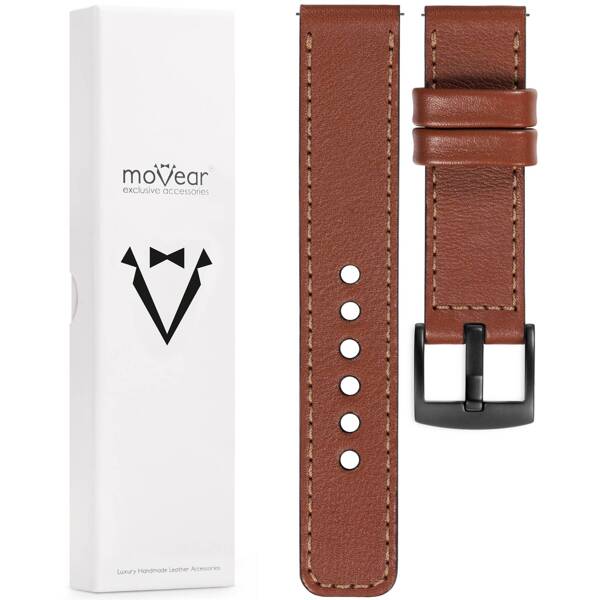 moVear Prestige C1 20mm Uhrenarmband aus Leder | Braun, Braun Nähte [Größen XS-XXL und Schnalle zur Auswahl]