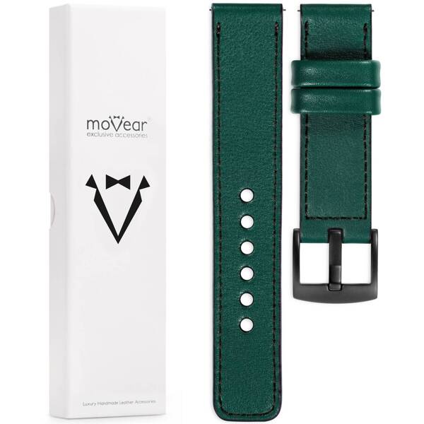 moVear Prestige C1 20mm Uhrenarmband aus Leder | Flaschengrün, Flaschengrün Nähte [Größen XS-XXL und Schnalle zur Auswahl]