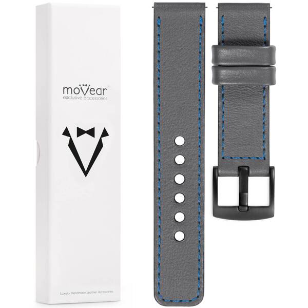 moVear Prestige C1 20mm Uhrenarmband aus Leder | Grau, Grau Nähte [Größen XS-XXL und Schnalle zur Auswahl]