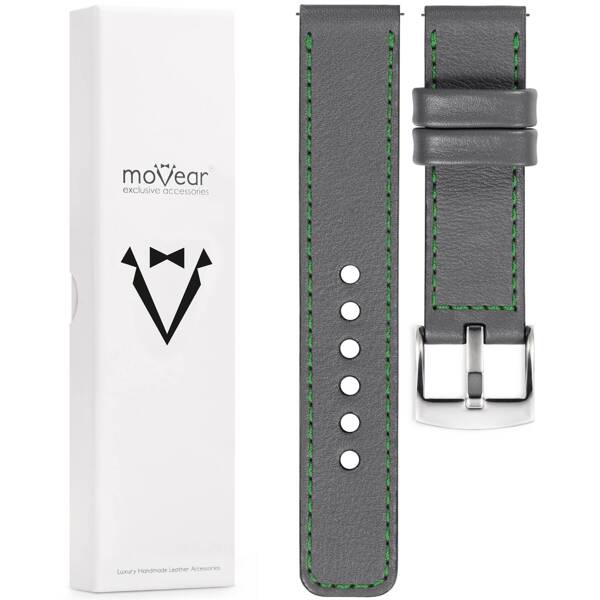 moVear Prestige C1 20mm Uhrenarmband aus Leder | Grau, Grau Nähte [Größen XS-XXL und Schnalle zur Auswahl]