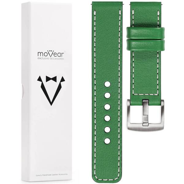moVear Prestige C1 20mm Uhrenarmband aus Leder | Grün, Grün Nähte [Größen XS-XXL und Schnalle zur Auswahl]
