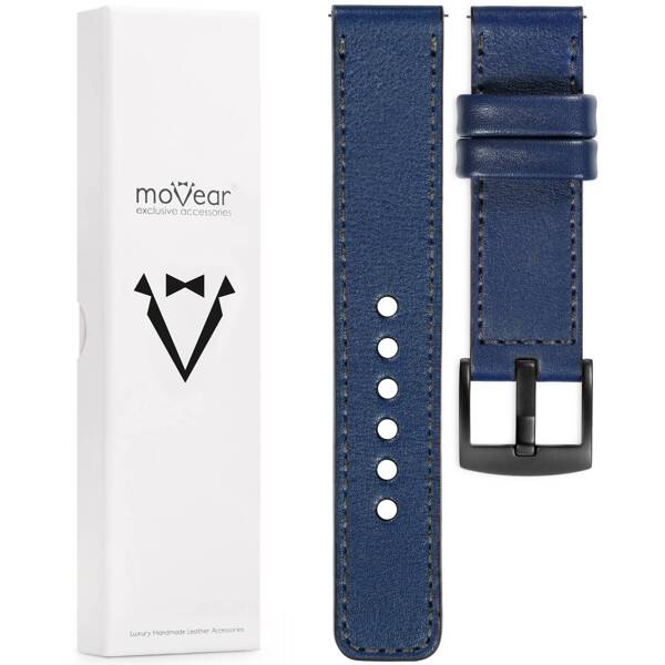 moVear Prestige C1 20mm Uhrenarmband aus Leder | Navy blau, Navy blau Nähte [Größen XS-XXL und Schnalle zur Auswahl]
