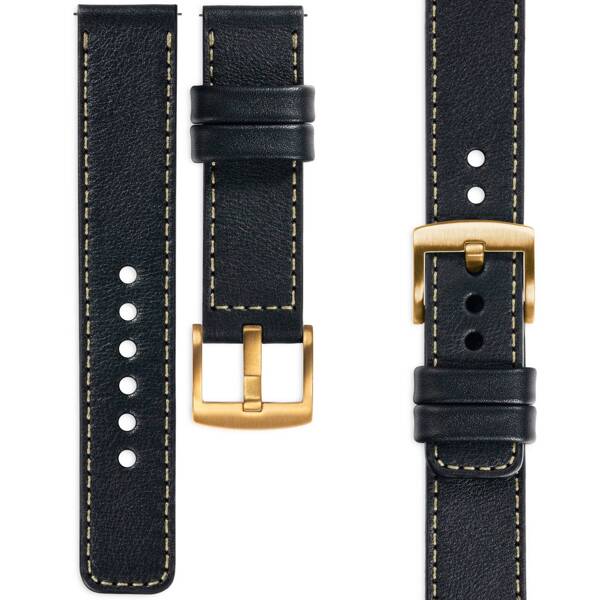 moVear Prestige C1 20mm Uhrenarmband aus Leder | Schwarz, Schwarz Nähte [Größen XS-XXL und Schnalle zur Auswahl]