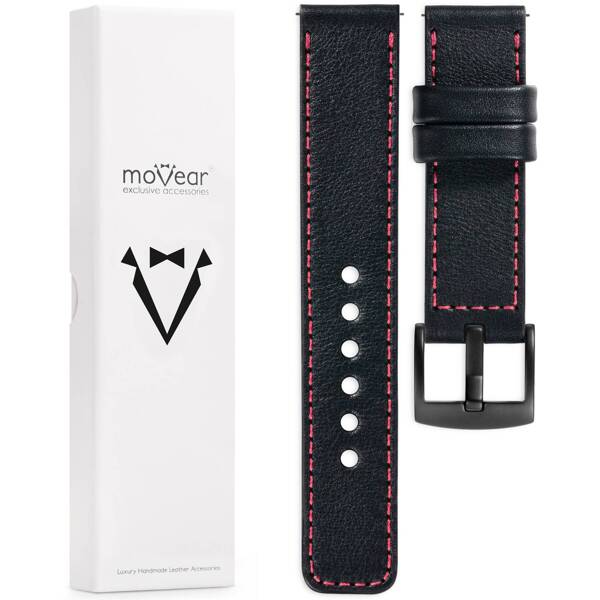 moVear Prestige C1 20mm Uhrenarmband aus Leder | Schwarz, Schwarz Nähte [Größen XS-XXL und Schnalle zur Auswahl]