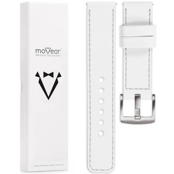 moVear Prestige C1 20mm Uhrenarmband aus Leder | Weiß, Weiß Nähte [Größen XS-XXL und Schnalle zur Auswahl]