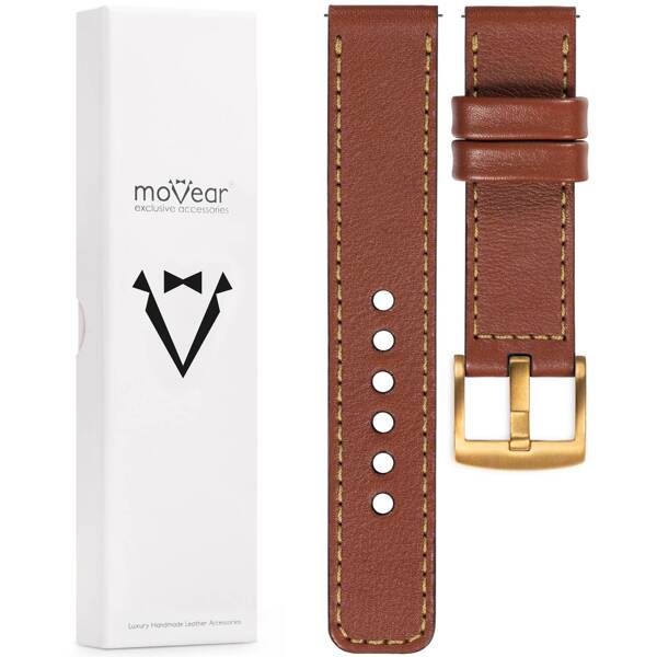 moVear Prestige C1 21mm Uhrenarmband aus Leder | Braun, Braun Nähte [Größen XS-XXL und Schnalle zur Auswahl]