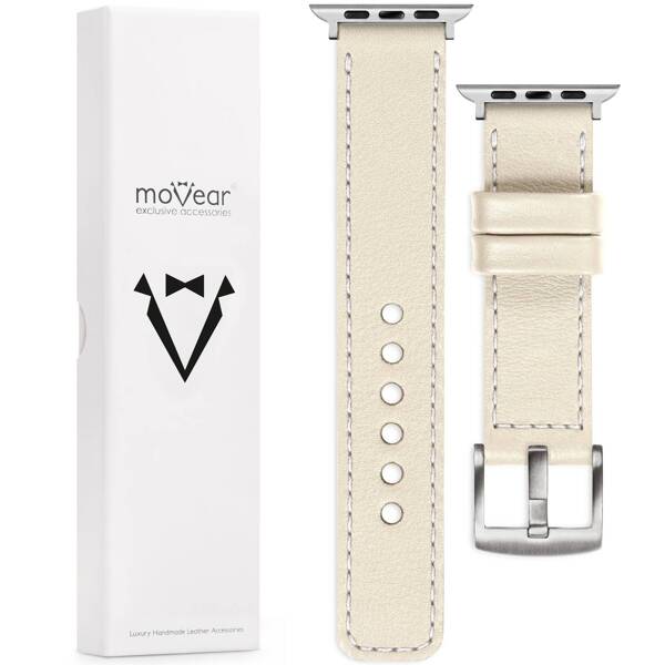 moVear Prestige C1 22mm Beige Lederarmband für Apple Watch 10 / 9 / 8 / 7 / 6 / 5 / 4 / SE (42/41/40mm) | Beige Nähte [Größen XS-XXL und Schnalle zur Auswahl]