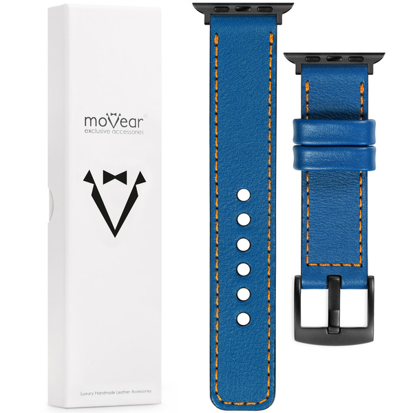 moVear Prestige C1 22mm Blau Lederarmband für Apple Watch 10 / 9 / 8 / 7 / 6 / 5 / 4 / SE (46/45/44mm) & Ultra (49mm) | Blau Nähte [Größen XS-XXL und Schnalle zur Auswahl]