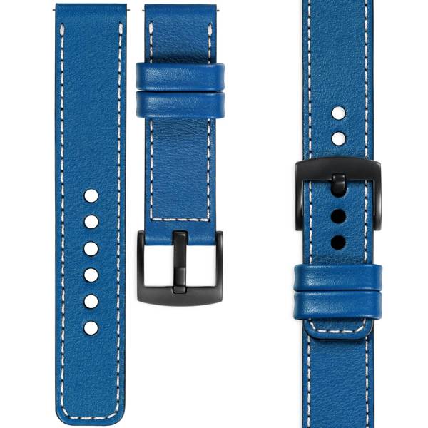 moVear Prestige C1 22mm Blau Lederarmband für Garmin Vivoactive 4, Venu 3/2 | Blau Nähte [Größen XS-XXL und Schnalle zur Auswahl]