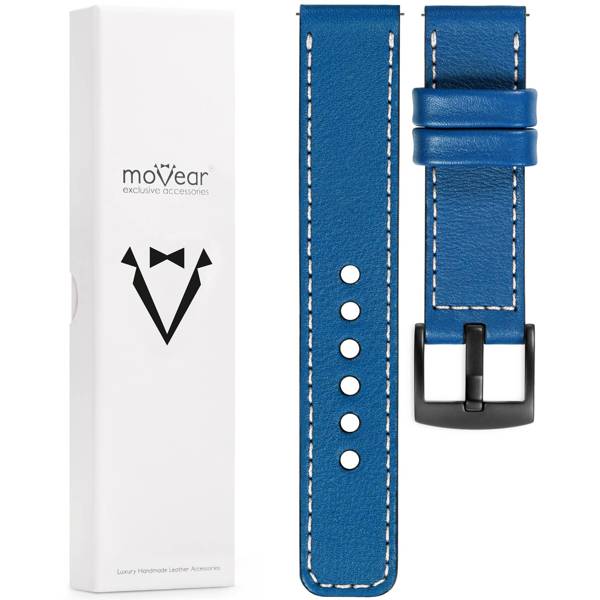 moVear Prestige C1 22mm Blau Lederarmband für Garmin Vivoactive 4, Venu 3/2 | Blau Nähte [Größen XS-XXL und Schnalle zur Auswahl]