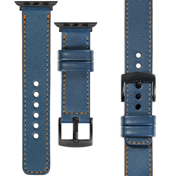 moVear Prestige C1 22mm Blaue Jeans Lederarmband für Apple Watch 10 / 9 / 8 / 7 / 6 / 5 / 4 / SE (42/41/40mm) | Blaue Jeans Nähte [Größen XS-XXL und Schnalle zur Auswahl]