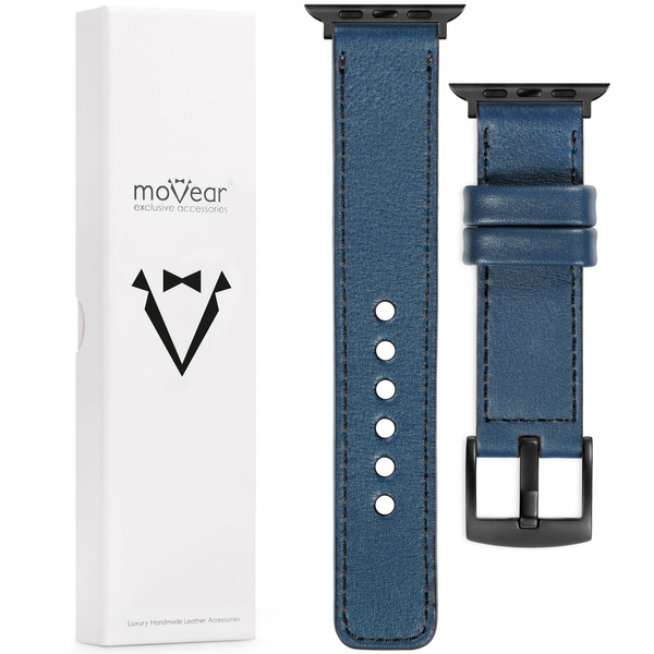 moVear Prestige C1 22mm Blaue Jeans Lederarmband für Apple Watch 10 / 9 / 8 / 7 / 6 / 5 / 4 / SE (46/45/44mm) & Ultra (49mm) | Blaue Jeans Nähte [Größen XS-XXL und Schnalle zur Auswahl]