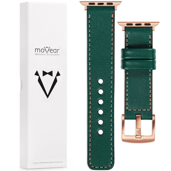 moVear Prestige C1 22mm Flaschengrün Lederarmband für Apple Watch 10 / 9 / 8 / 7 / 6 / 5 / 4 / SE (42/41/40mm) | Flaschengrün Nähte [Größen XS-XXL und Schnalle zur Auswahl]