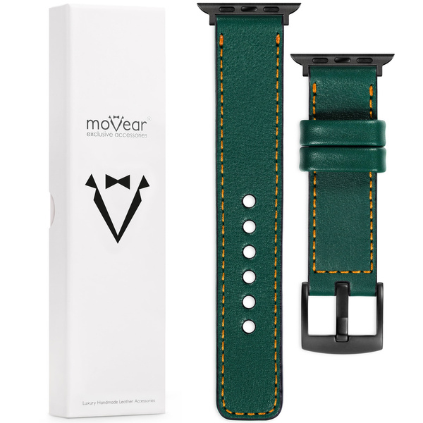 moVear Prestige C1 22mm Flaschengrün Lederarmband für Apple Watch 10 / 9 / 8 / 7 / 6 / 5 / 4 / SE (46/45/44mm) & Ultra (49mm) | Flaschengrün Nähte [Größen XS-XXL und Schnalle zur Auswahl]