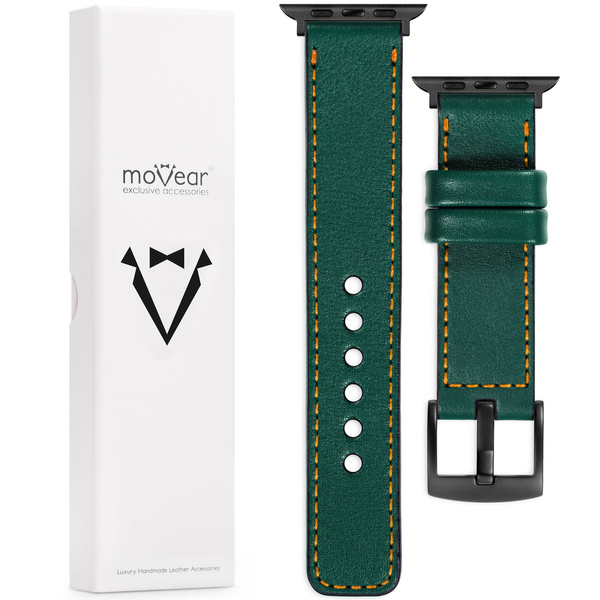 moVear Prestige C1 22mm Flaschengrün Lederarmband für Apple Watch 9 / 8 / 7 / 6 / 5 / 4 / SE (45/44mm) & Ultra (49mm) | Flaschengrün Nähte [Größen XS-XXL und Schnalle zur Auswahl]