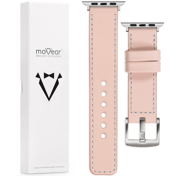 moVear Prestige C1 22mm Fleisch rosa Lederarmband für Apple Watch 10 / 9 / 8 / 7 / 6 / 5 / 4 / SE (42/41/40mm) | Fleisch rosa Nähte [Größen XS-XXL und Schnalle zur Auswahl]