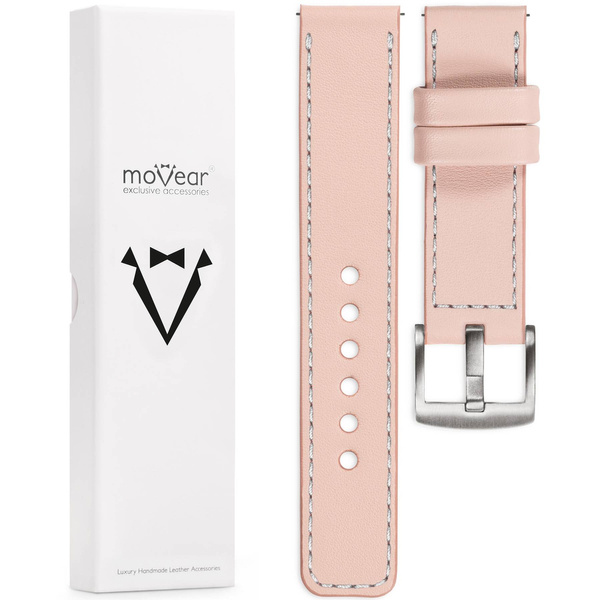 moVear Prestige C1 22mm Fleisch rosa Lederarmband für Garmin Vivoactive 4, Venu 3/2 | Fleisch rosa Nähte [Größen XS-XXL und Schnalle zur Auswahl]