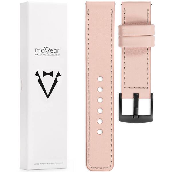 moVear Prestige C1 22mm Fleisch rosa Lederarmband für Garmin Vivoactive 4, Venu 3/2 | Fleisch rosa Nähte [Größen XS-XXL und Schnalle zur Auswahl]