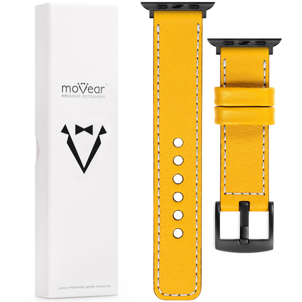 moVear Prestige C1 22mm Gelb Lederarmband für Apple Watch 10 / 9 / 8 / 7 / 6 / 5 / 4 / SE (42/41/40mm) | Gelb Nähte [Größen XS-XXL und Schnalle zur Auswahl]