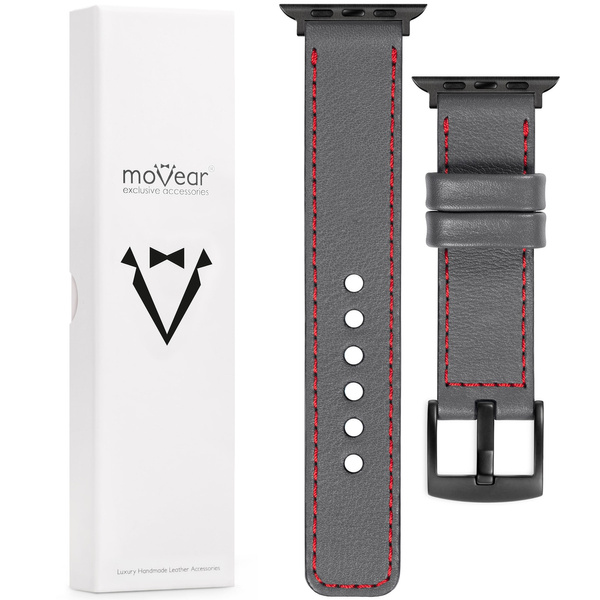 moVear Prestige C1 22mm Grau Lederarmband für Apple Watch 10 / 9 / 8 / 7 / 6 / 5 / 4 / SE (42/41/40mm) | Grau Nähte [Größen XS-XXL und Schnalle zur Auswahl]