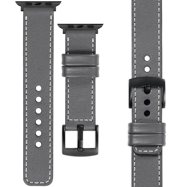 moVear Prestige C1 22mm Grau Lederarmband für Apple Watch 10 / 9 / 8 / 7 / 6 / 5 / 4 / SE (46/45/44mm) & Ultra (49mm) | Grau Nähte [Größen XS-XXL und Schnalle zur Auswahl]