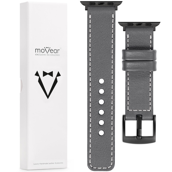 moVear Prestige C1 22mm Grau Lederarmband für Apple Watch 10 / 9 / 8 / 7 / 6 / 5 / 4 / SE (46/45/44mm) & Ultra (49mm) | Grau Nähte [Größen XS-XXL und Schnalle zur Auswahl]