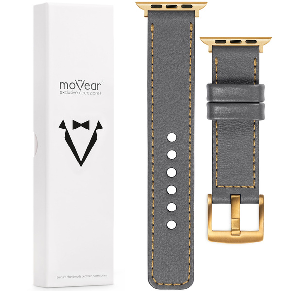 moVear Prestige C1 22mm Grau Lederarmband für Apple Watch 10 / 9 / 8 / 7 / 6 / 5 / 4 / SE (46/45/44mm) & Ultra (49mm) | Grau Nähte [Größen XS-XXL und Schnalle zur Auswahl]