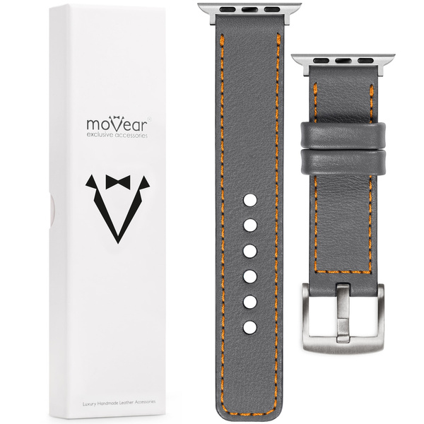 moVear Prestige C1 22mm Grau Lederarmband für Apple Watch 9 / 8 / 7 / 6 / 5 / 4 / SE (45/44mm) & Ultra (49mm) | Grau Nähte [Größen XS-XXL und Schnalle zur Auswahl]