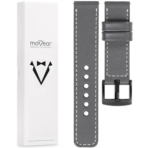 moVear Prestige C1 22mm Grau Lederarmband für Huawei Watch 4 3 2 1 - GT / Pro / Ultimate (48/46mm) | Grau Nähte [Größen XS-XXL und Schnalle zur Auswahl]